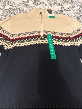 NWT: Weatherproof Men's Navy, Cream & Red Fair Isle Half-Zip Sweater